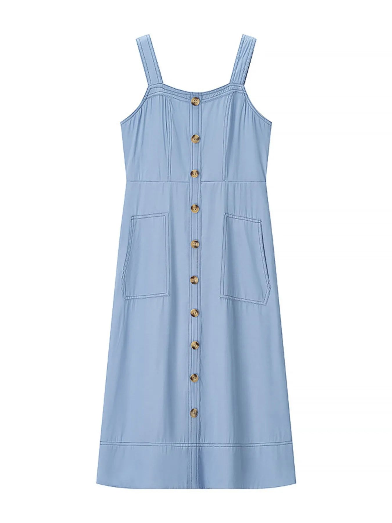 Light blue dress with button details on a white background