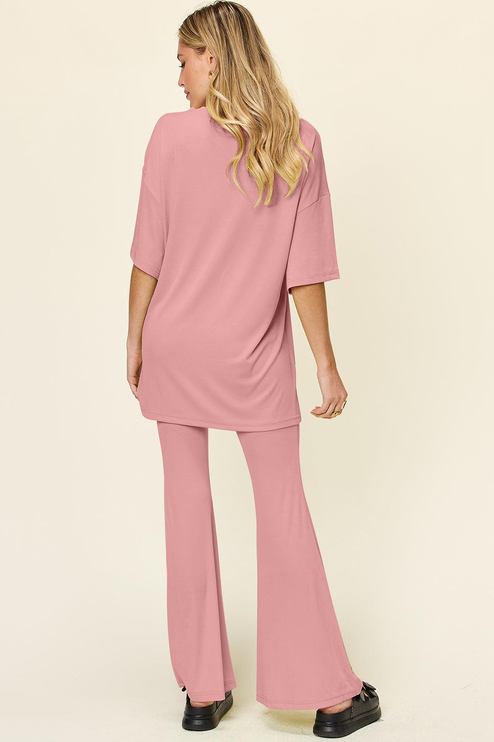 Double Take Full Size Round Neck Drop Shoulder T-Shirt and Flare Pants Set - Leo’s Look Your Best