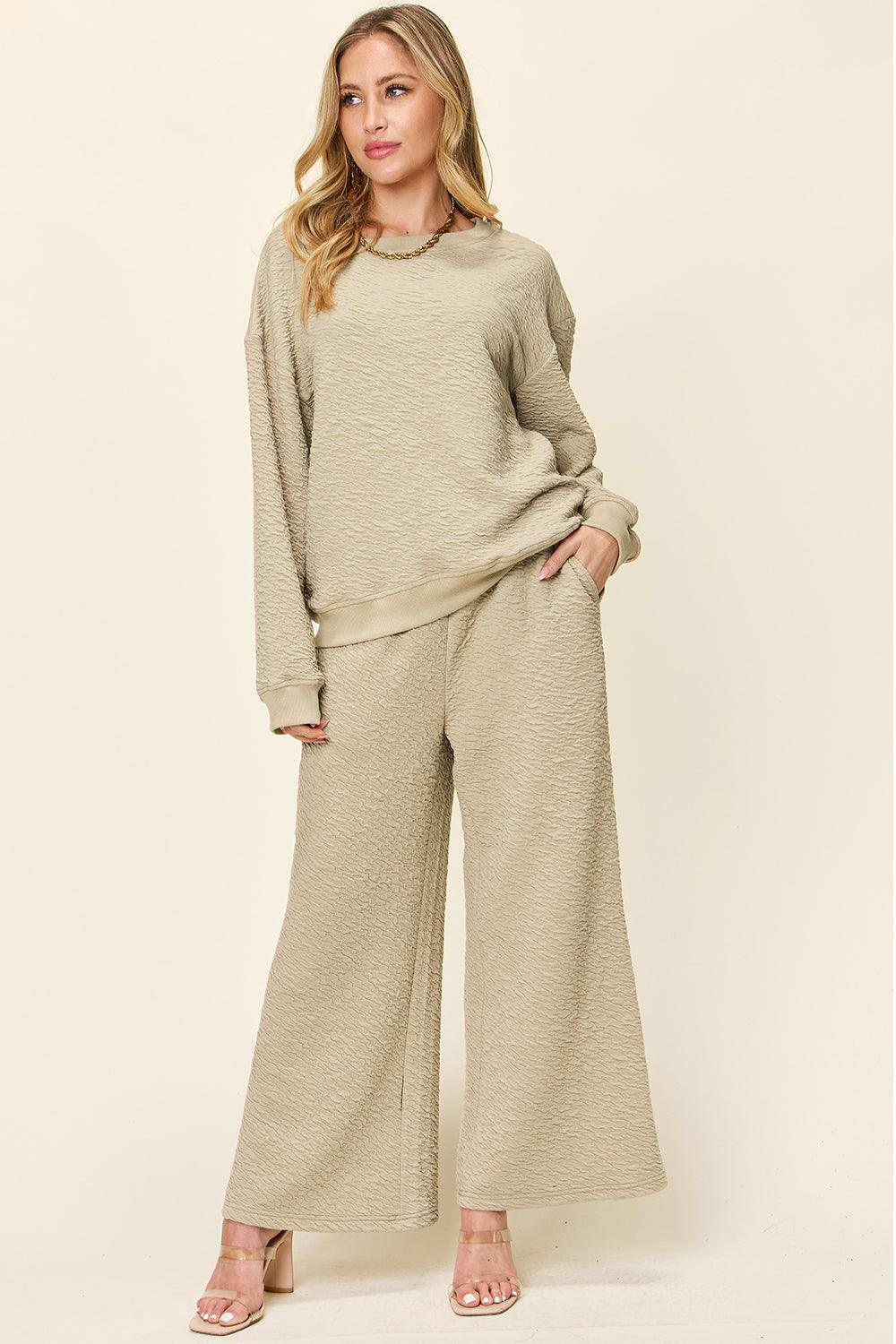 Double Take Full Size Texture Long Sleeve Top and Pants Set - Leo’s Look Your Best