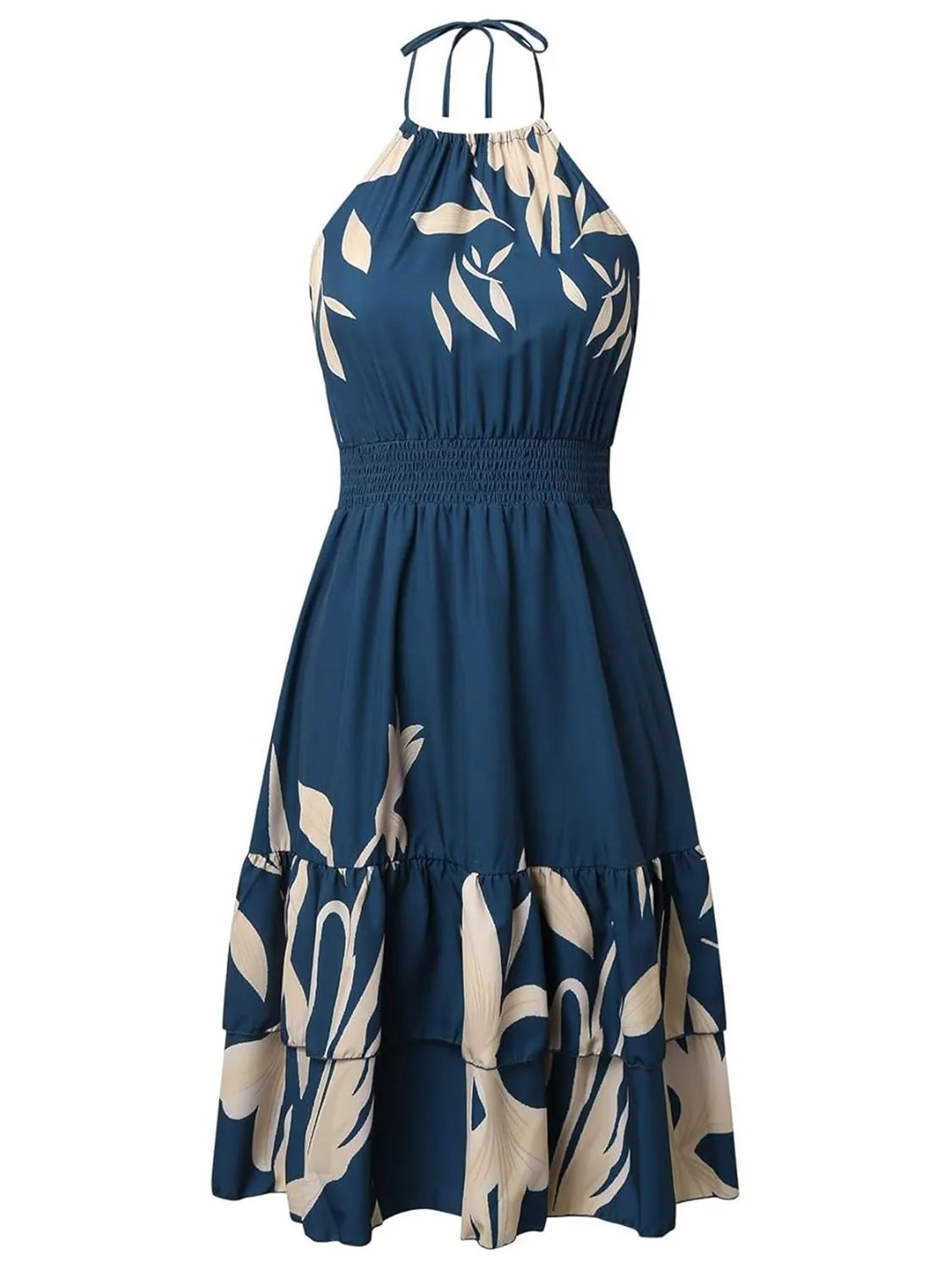 Navy blue dress with beige leaf pattern on a white background