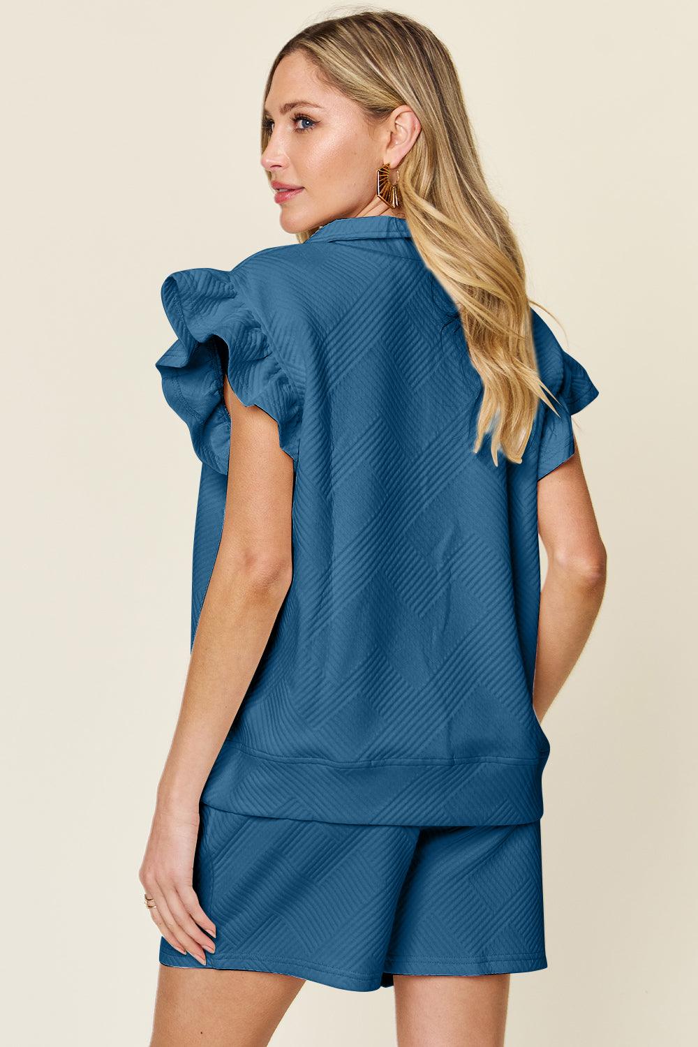 Double Take Full Size Texture Flounce Sleeve Top and Drawstring Shorts Set - Leo’s Look Your Best