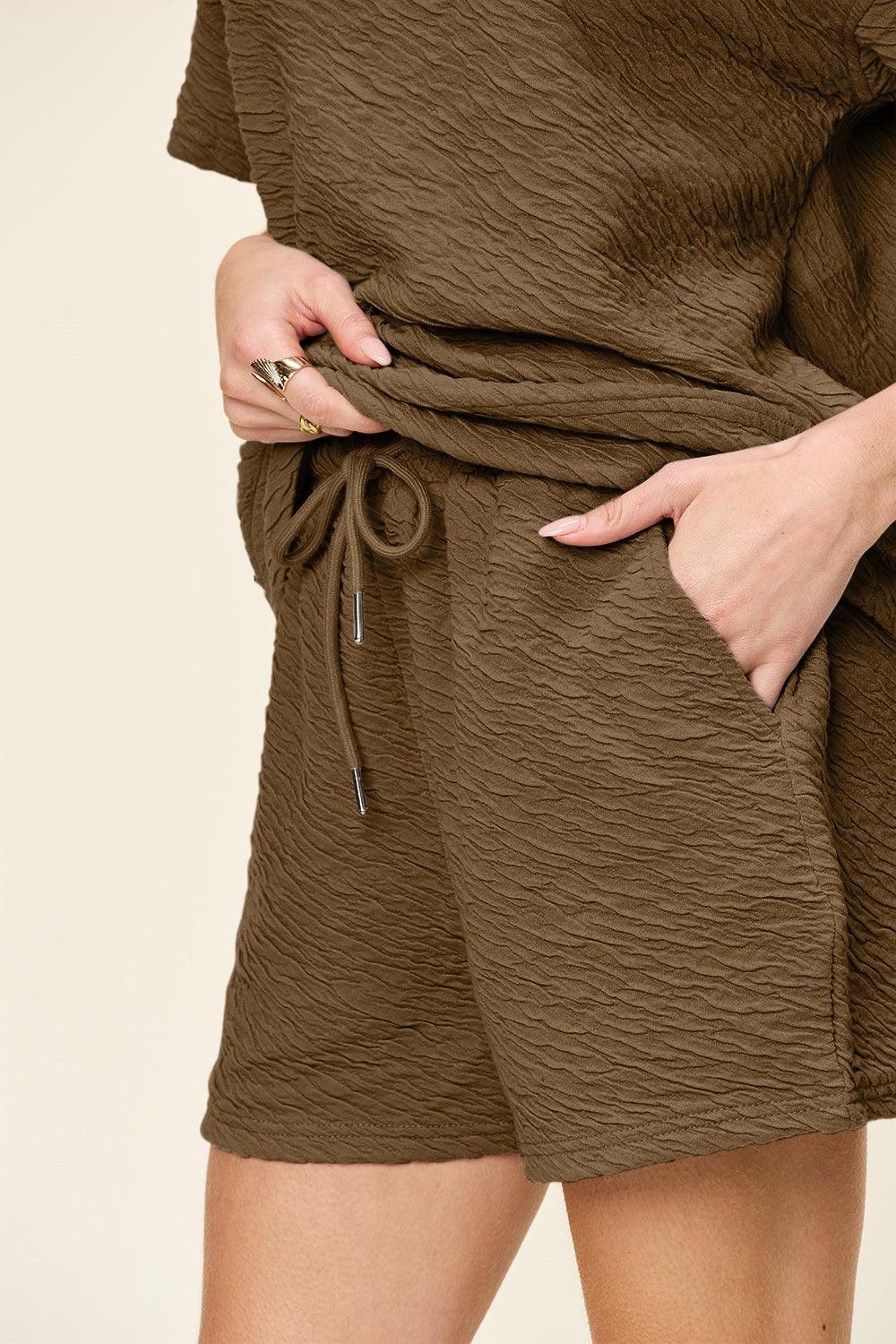 Double Take Full Size Texture Short Sleeve T-Shirt and Drawstring Shorts Set - Leo’s Look Your Best