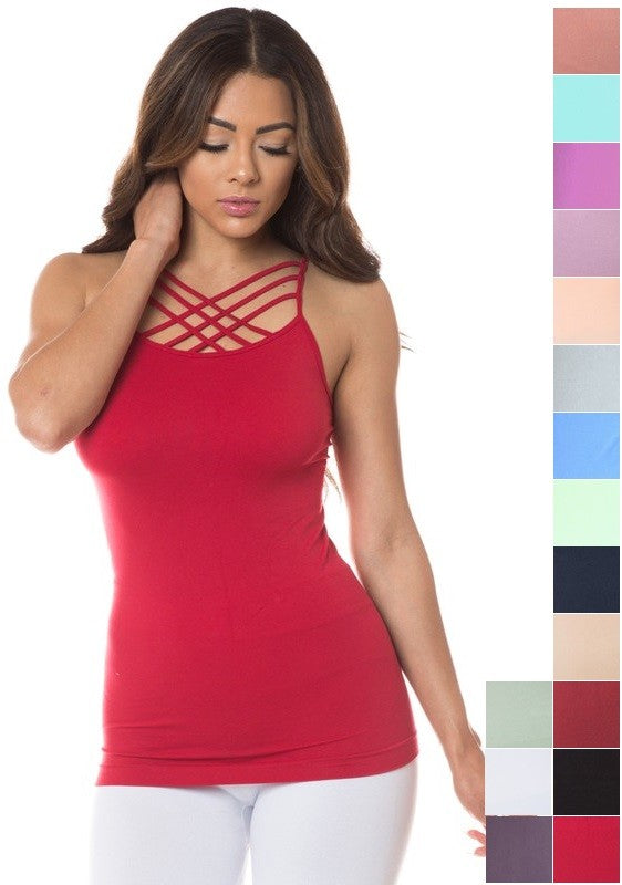 Woman wearing a red tank top with cut-out design, surrounded by color swatches on a white background.