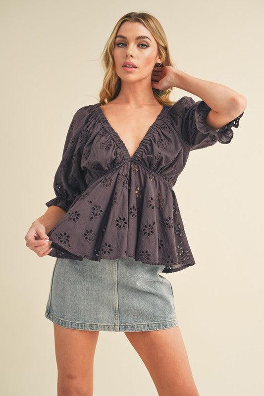 Aemi + Co Eyelet Embroidered V-Neck Half Sleeve Peplum Blouse - Leo’s Look Your Best