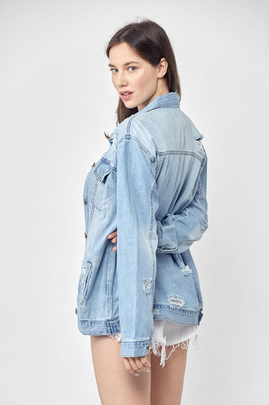 RISEN Full Size Distressed Long Sleeve Denim Jacket Plus Size - Leo’s Look Your Best