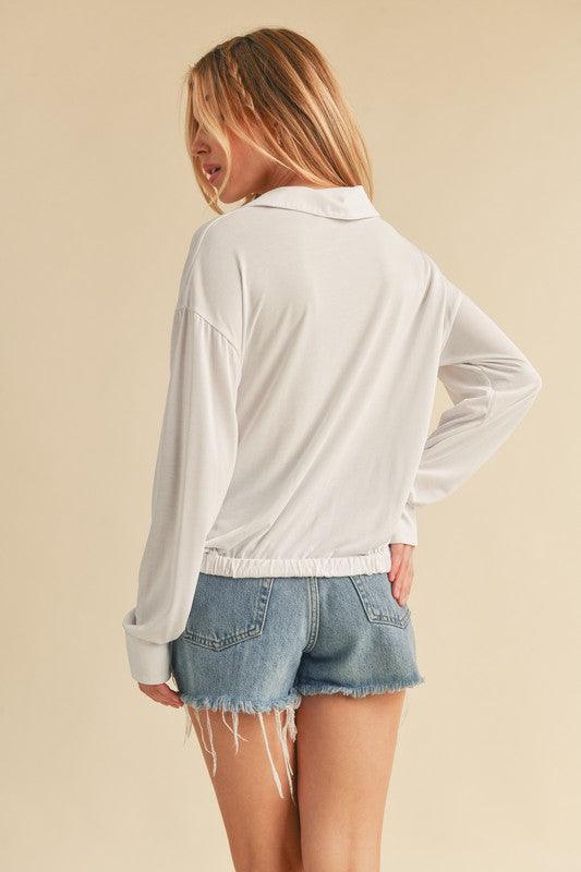 Aemi + Co Twisted Hemline Button Detail Collared Neck Top - Leo’s Look Your Best