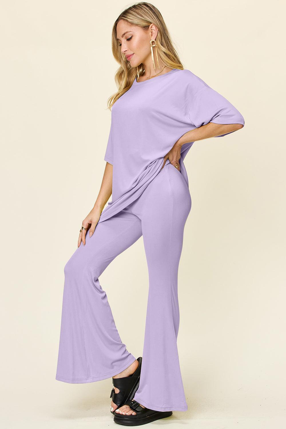 Double Take Full Size Round Neck Drop Shoulder T-Shirt and Flare Pants Set - Leo’s Look Your Best
