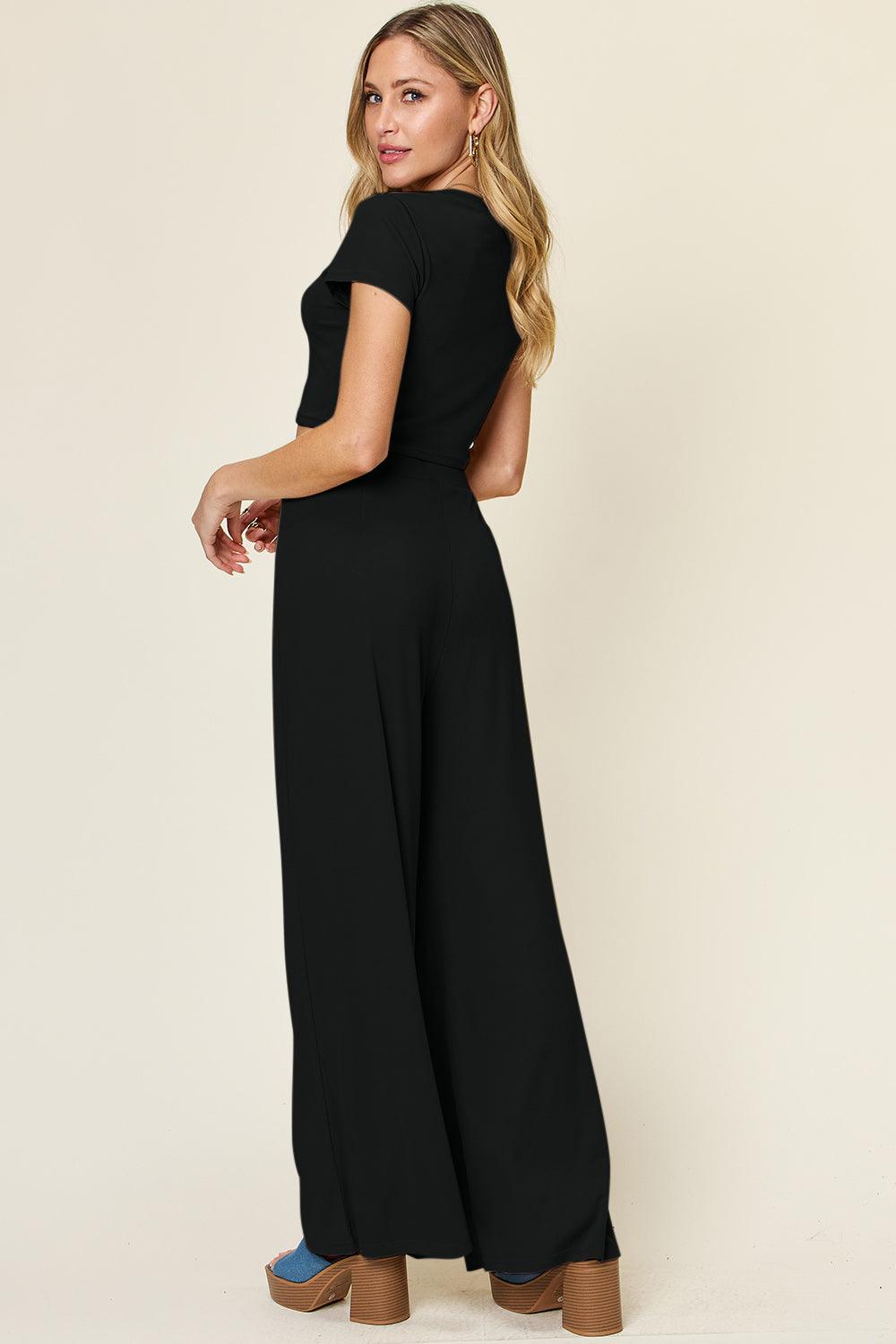Double Take Full Size Round Neck Top and Pants Set - Leo’s Look Your Best