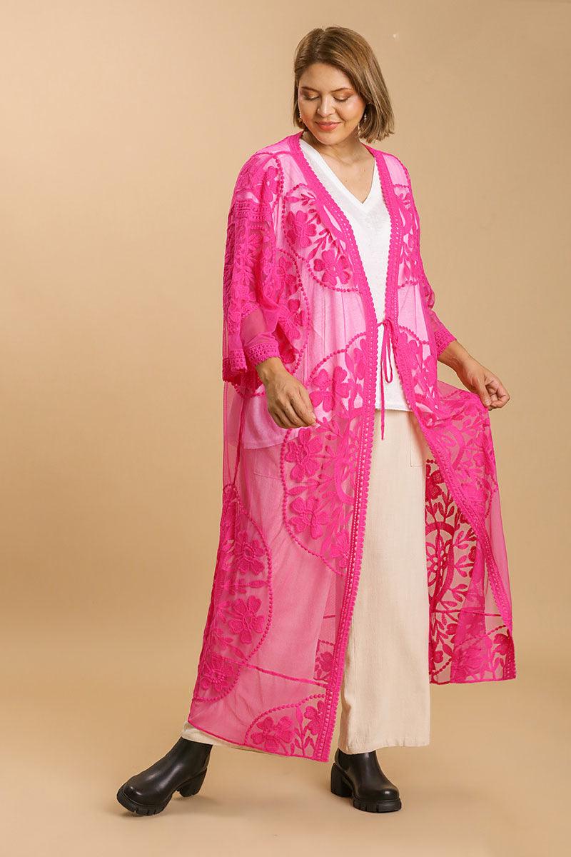 Umgee Full Size Floral Lace Open Front Long Kimono with Waist Tie Plus Size - Leo’s Look Your Best