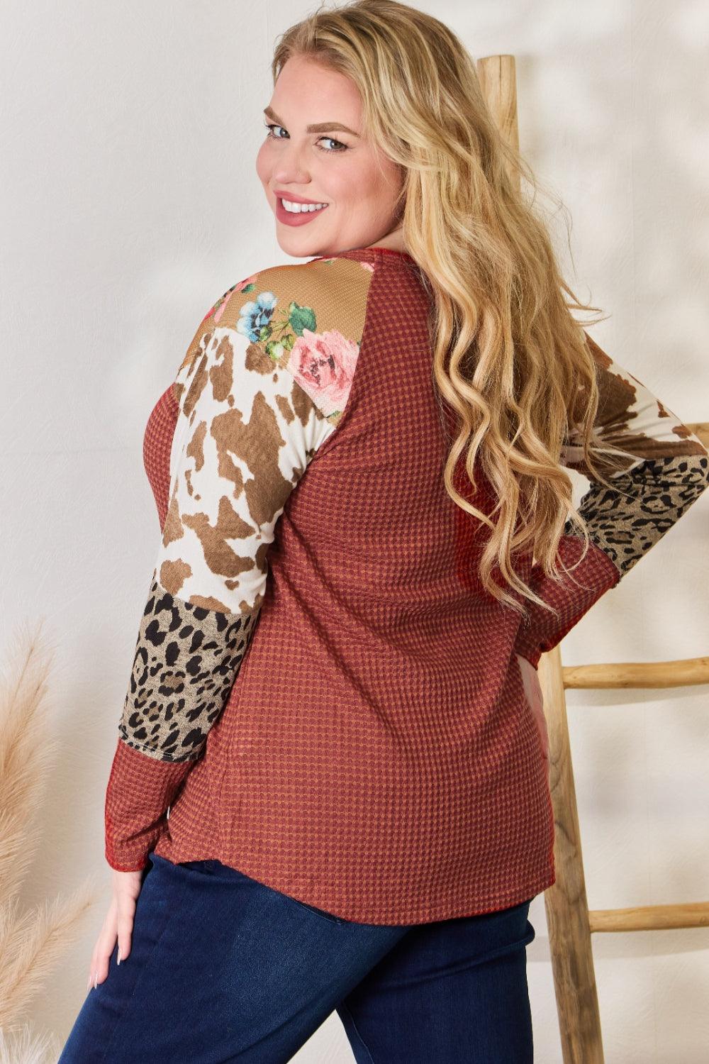 Hailey & Co Full Size Leopard Waffle-Knit Blouse - Leo’s Look Your Best