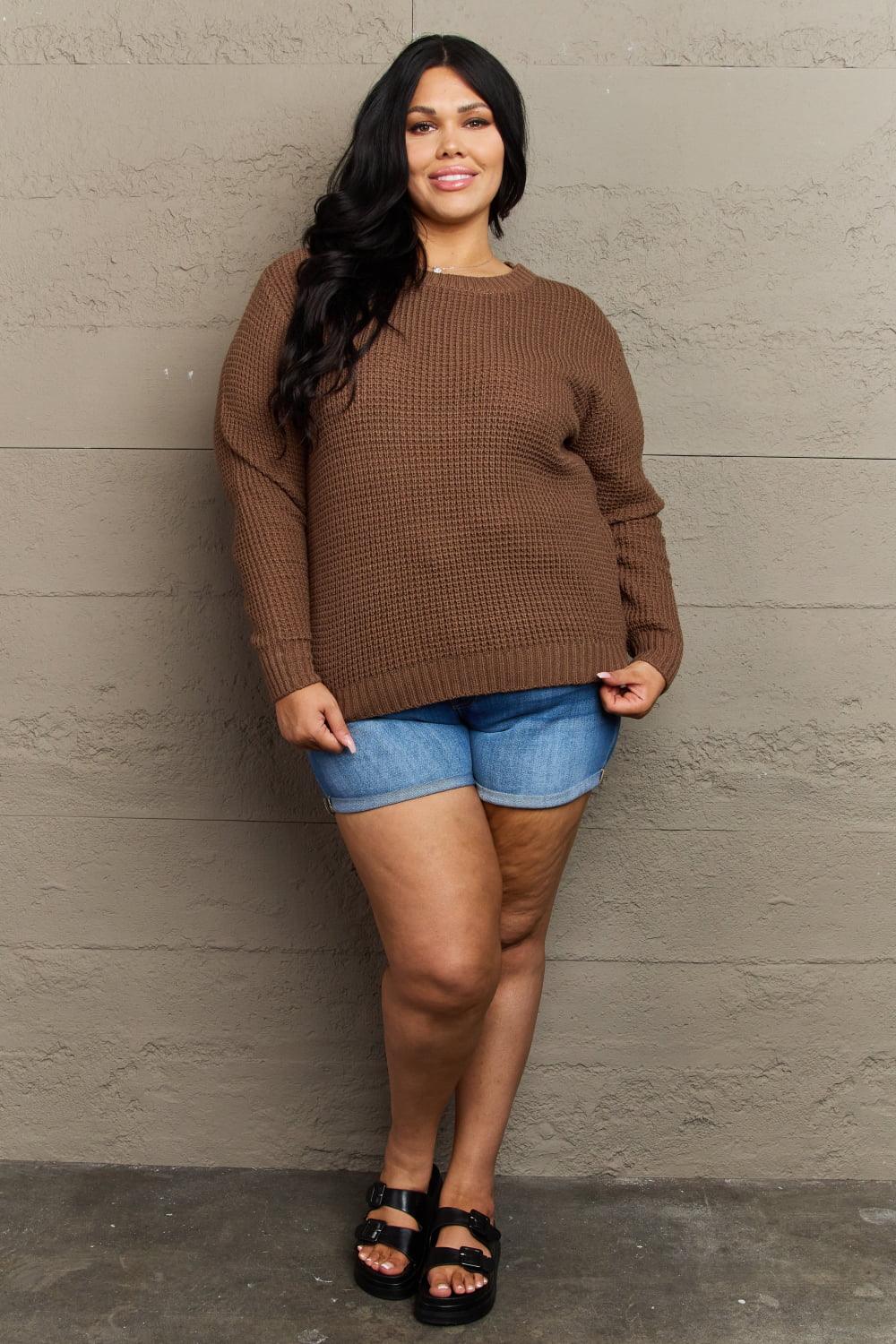 Zenana Breezy Days Plus Size High Low Waffle Knit Sweater - Leo’s Look Your Best