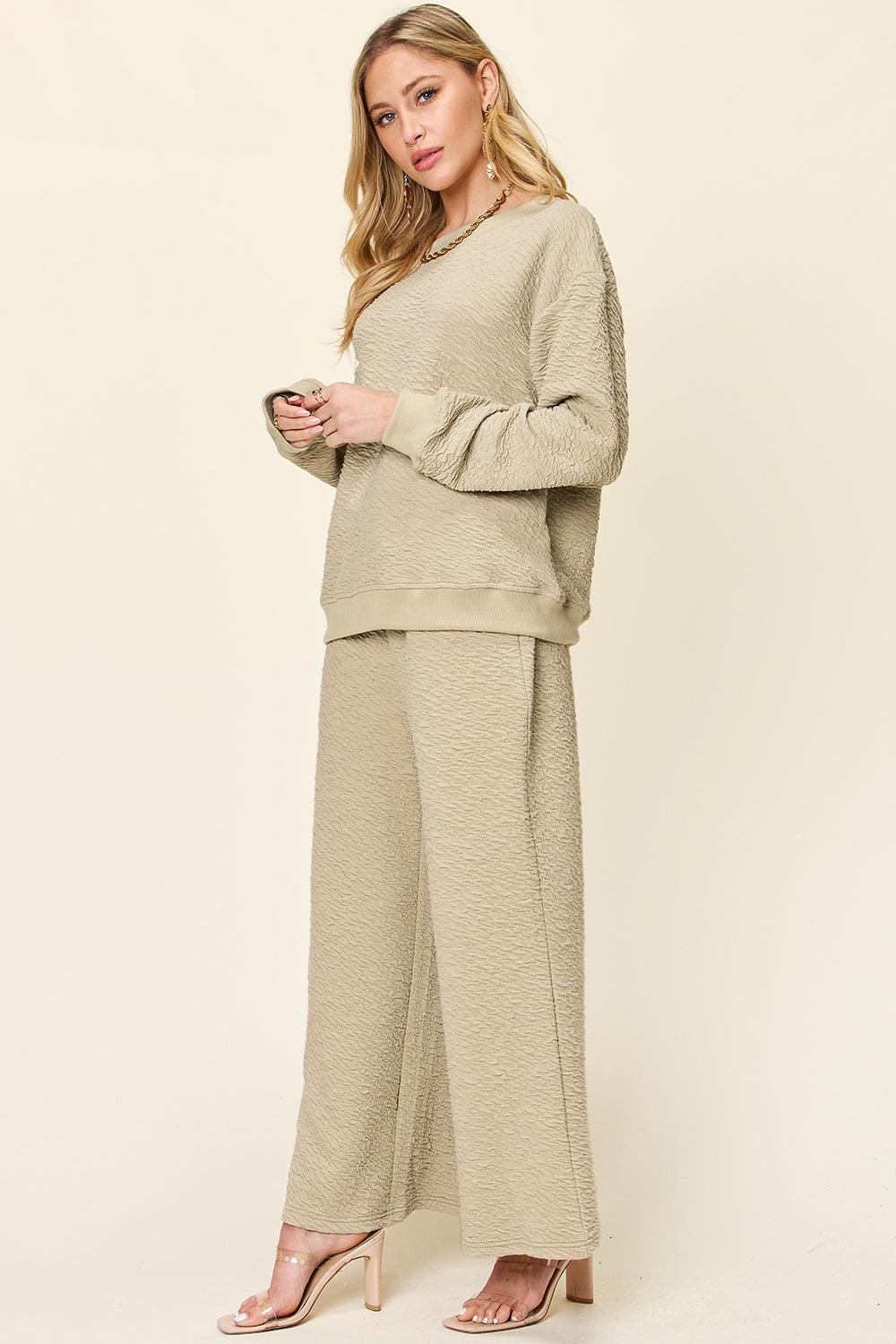 Double Take Full Size Texture Long Sleeve Top and Pants Set - Leo’s Look Your Best