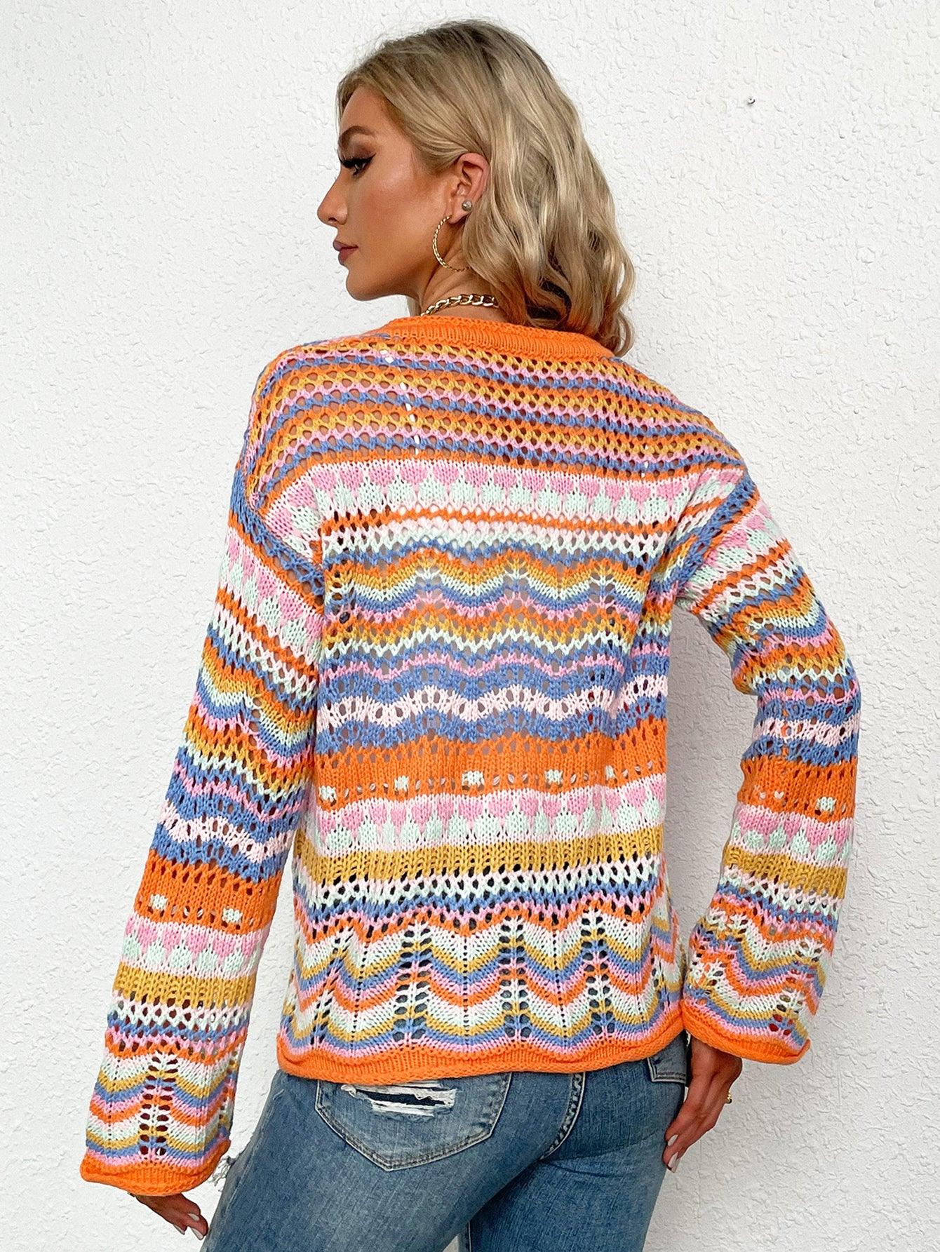 Chevron Stripes Openwork Cardigan - Leo’s Look Your Best