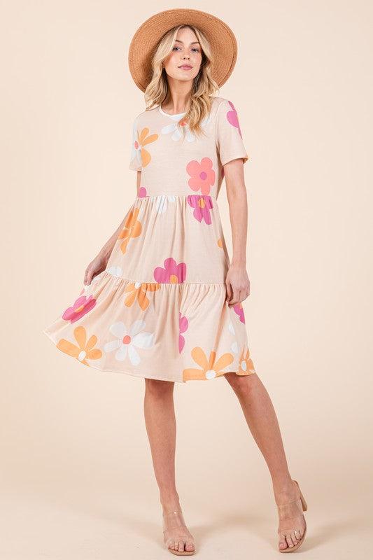 BOMBOM Floral Round Neck Short Sleeve Tiered Dress - Leo’s Look Your Best