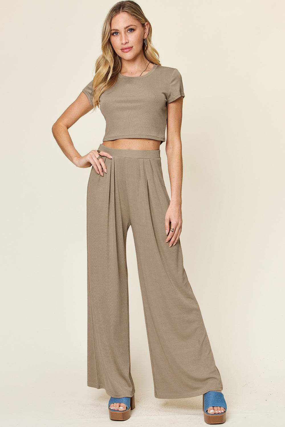 Double Take Full Size Round Neck Top and Pants Set - Leo’s Look Your Best