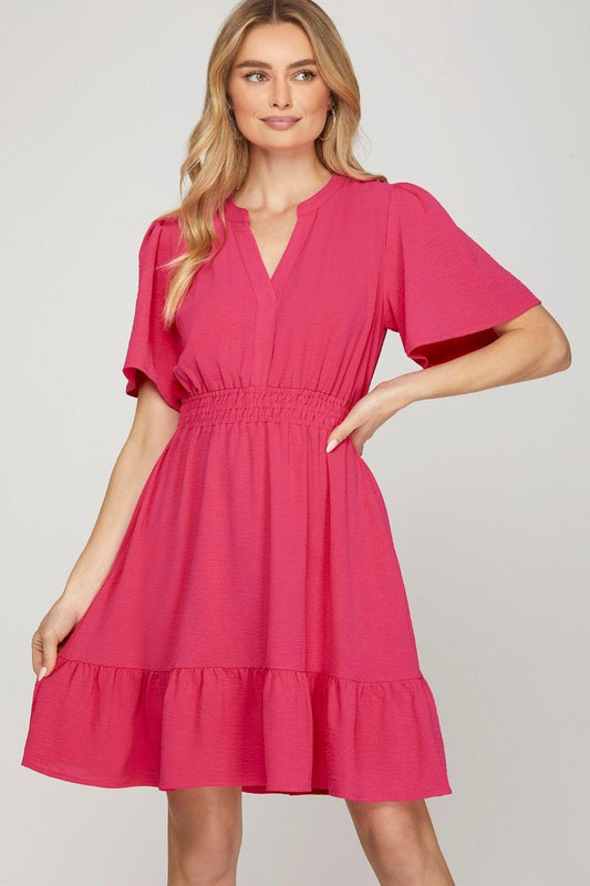 She + Sky Ruffled Hem Notched Flutter Sleeve Mini Dress - Leo’s Look Your Best