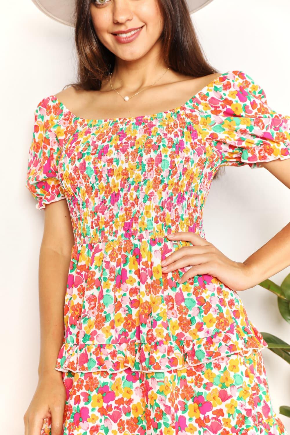 Devine Smocked Sweetheart Neck Flounce Sleeve Mini Dress - Leo’s Look Your Best
