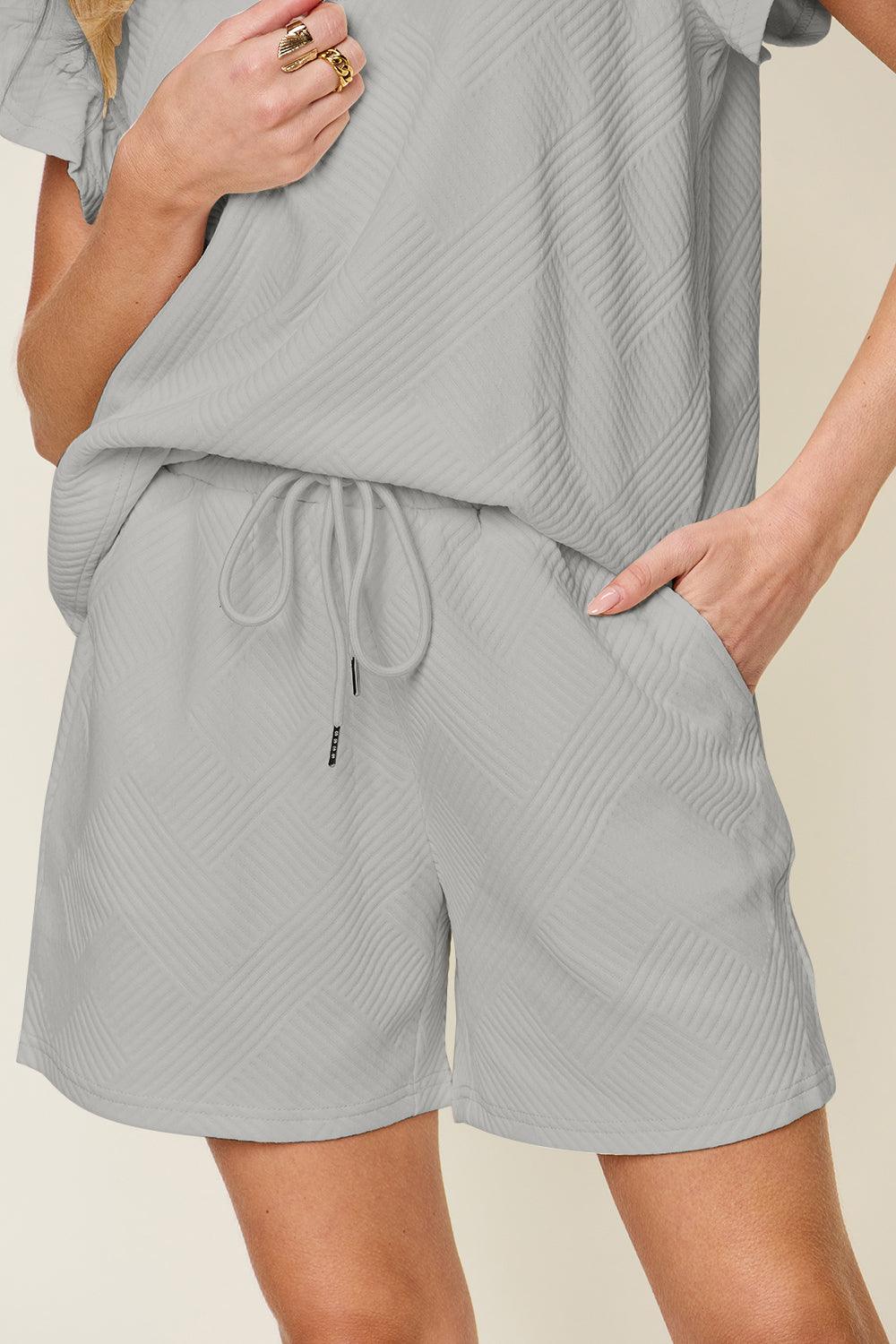 Double Take Full Size Texture Flounce Sleeve Top and Drawstring Shorts Set - Leo’s Look Your Best