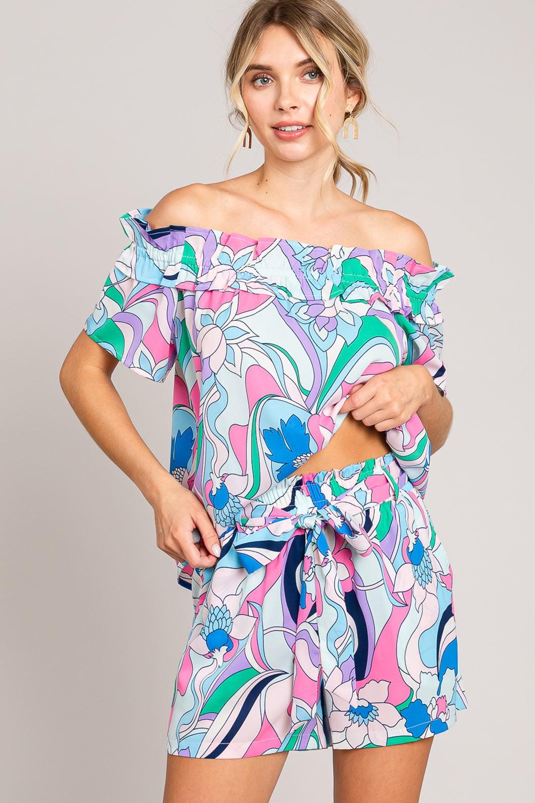 Cotton Bleu by Nu Label Abstracted Print Tie Front Shorts - Leo’s Look Your Best
