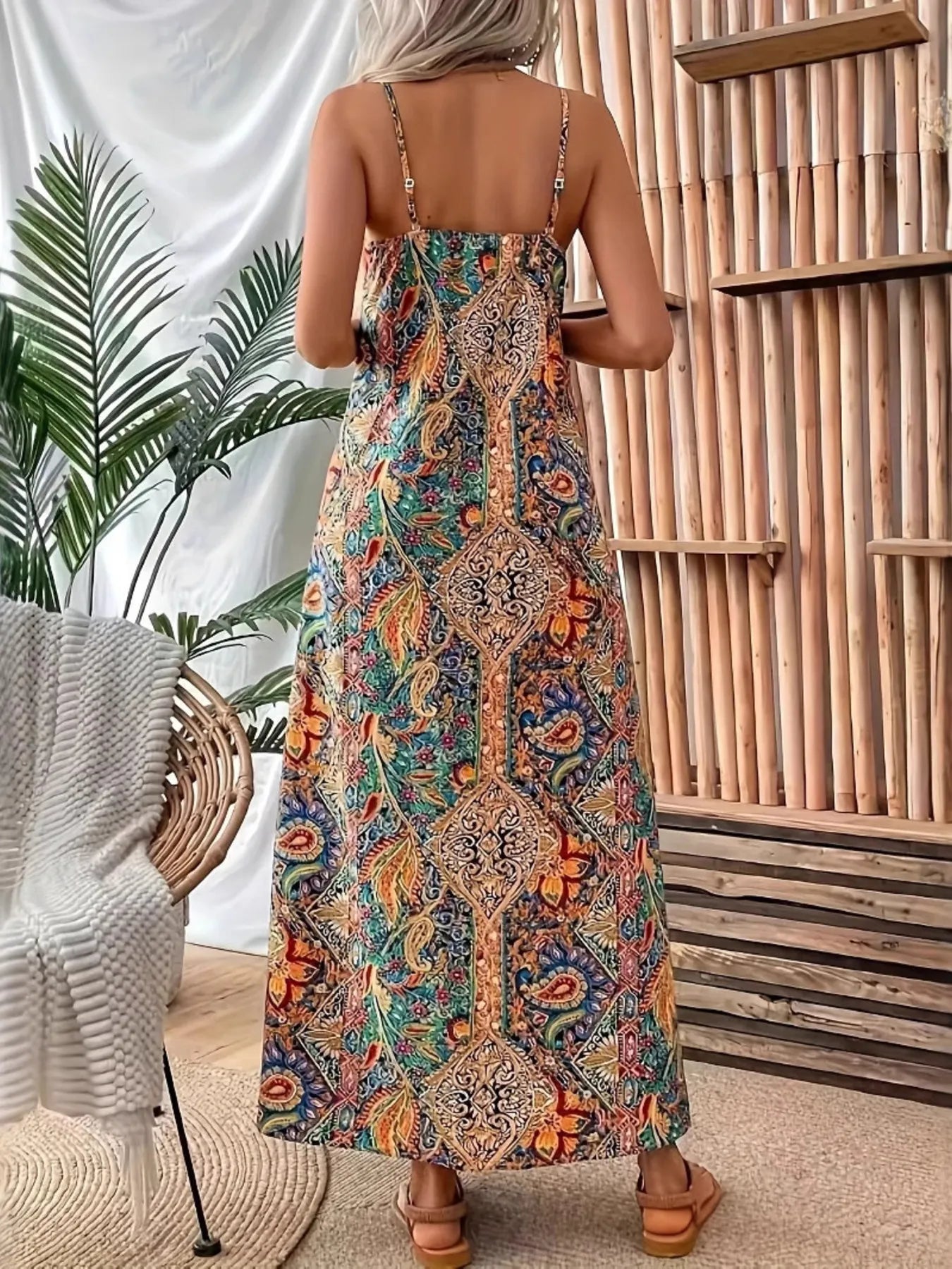 Woman wearing a colorful patterned dress standing in a room with plants and wooden elements.