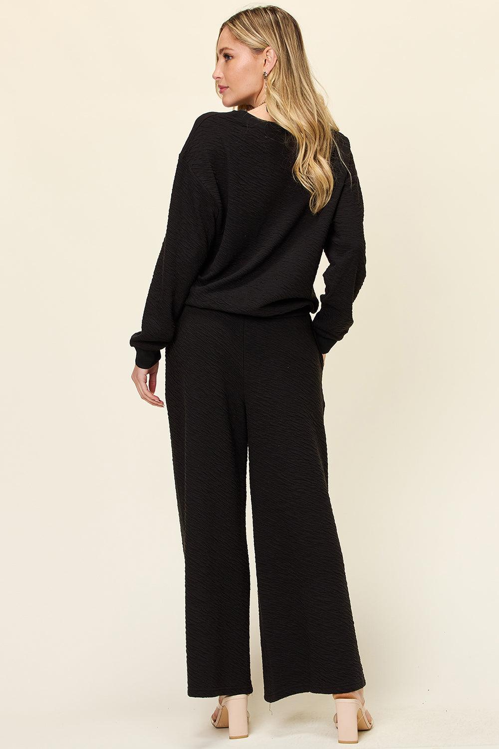 Double Take Full Size Texture Long Sleeve Top and Pants Set - Leo’s Look Your Best