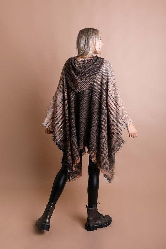 Herringbone Tweed Hooded Frayed Edge Poncho - Leo’s Look Your Best