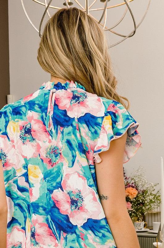 BiBi Floral Round Neck Ruffled Cap Sleeve Blouse - Leo’s Look Your Best