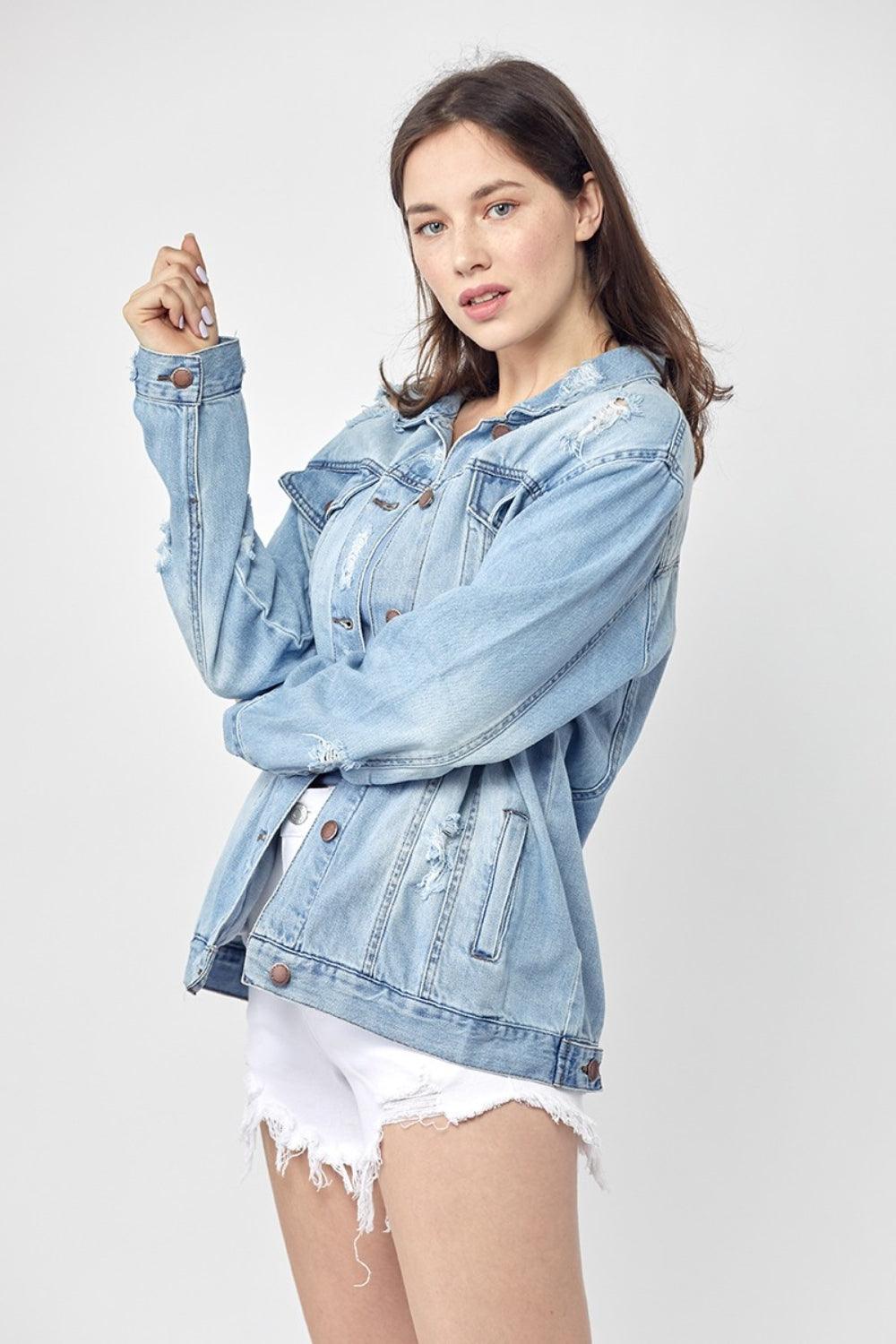 RISEN Full Size Distressed Long Sleeve Denim Jacket Plus Size - Leo’s Look Your Best