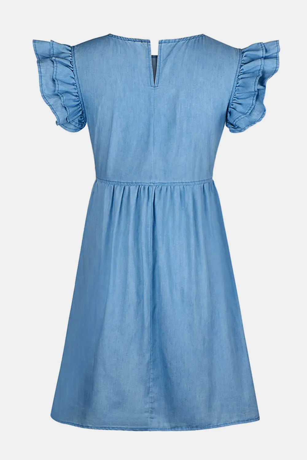 Blue denim dress with ruffled sleeves on a white background