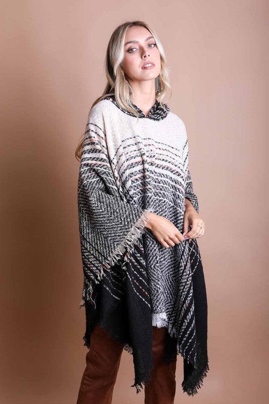 Herringbone Tweed Hooded Frayed Edge Poncho - Leo’s Look Your Best