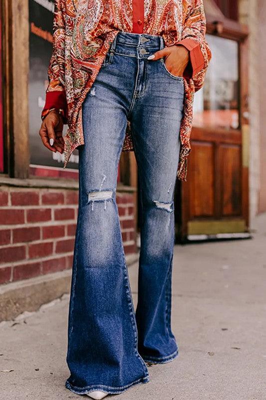 Sky Blue Button Fly Ripped High Waist Flare Jeans - Leo’s Look Your Best