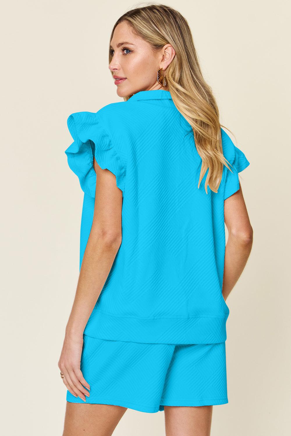 Double Take Full Size Texture Flounce Sleeve Top and Drawstring Shorts Set - Leo’s Look Your Best