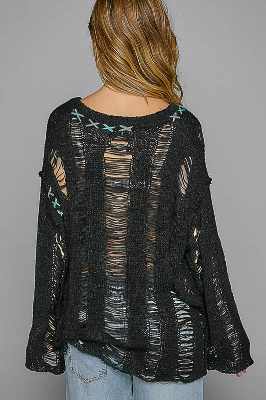 POL Distressed Dropped Shoulder Long Sleeve Knit Top - Leo’s Look Your Best