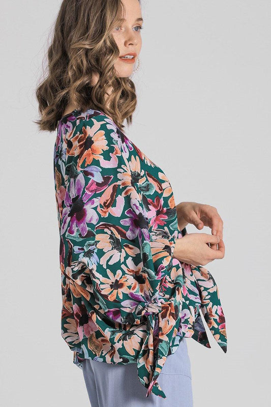 Umgee Full Size Floral V-Neck Tie Sleeve Blouse Plus Size - Leo’s Look Your Best