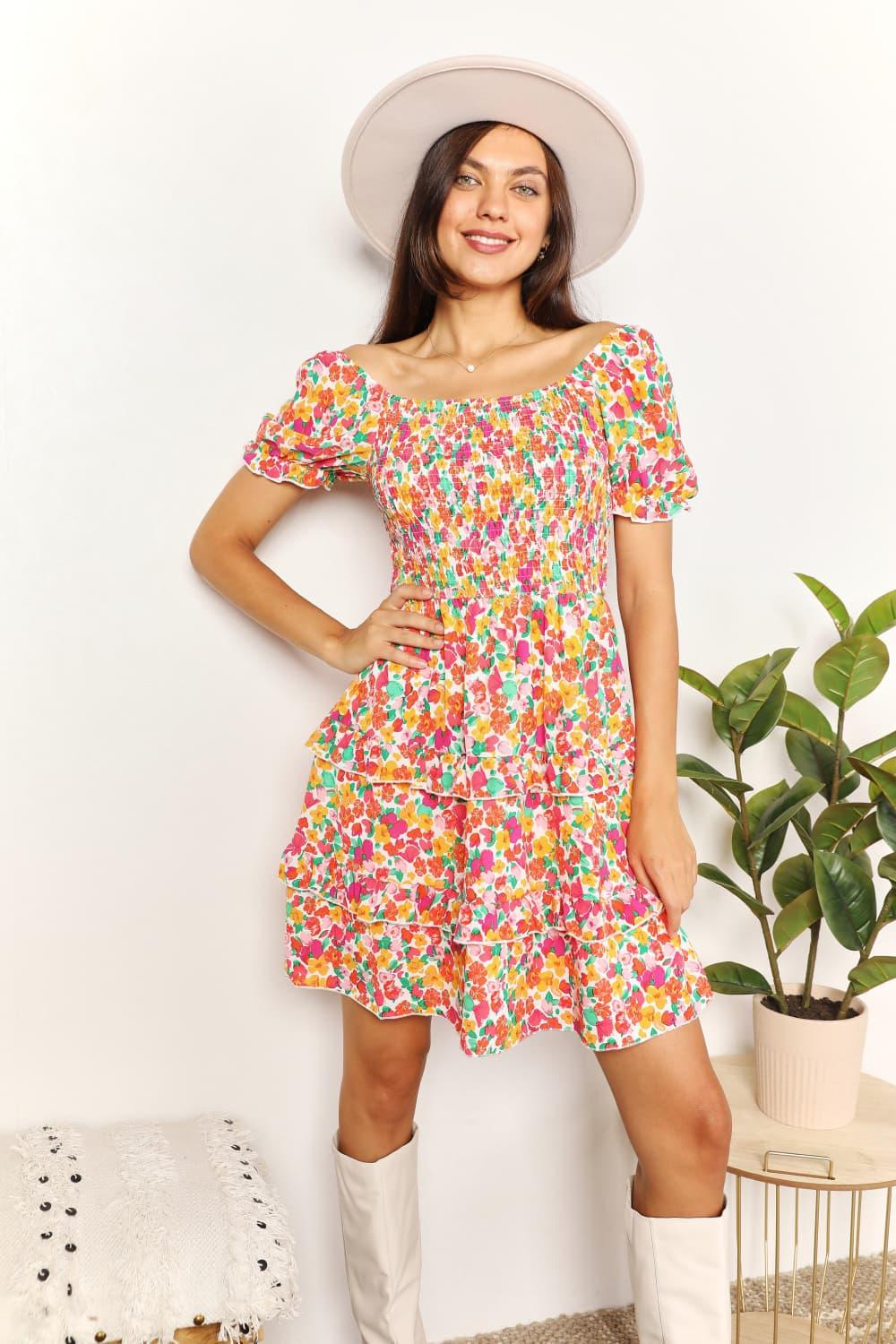 Devine Smocked Sweetheart Neck Flounce Sleeve Mini Dress - Leo’s Look Your Best