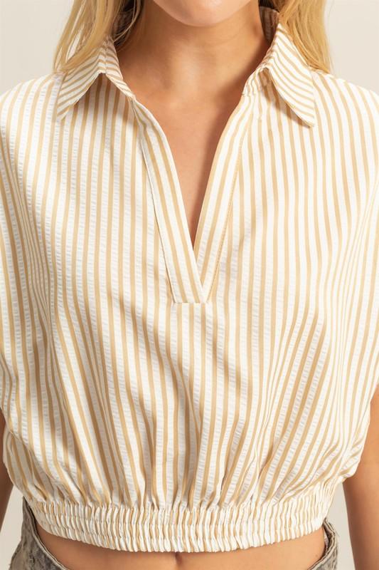 HYFVE Striped Elastic Hem Johnny Collar Cap Sleeve Blouse - Leo’s Look Your Best
