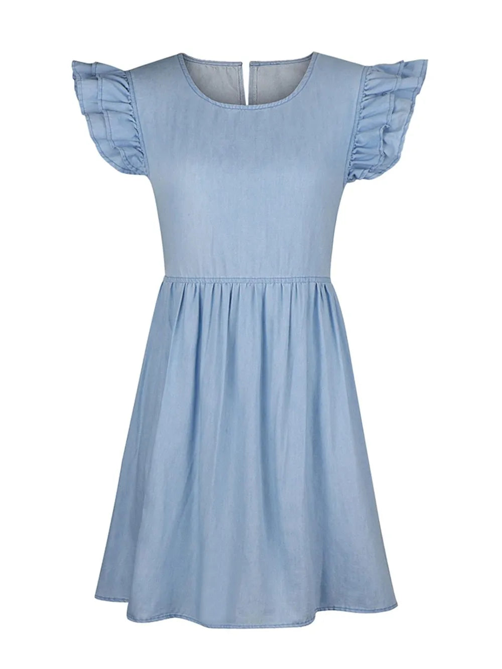 Light blue dress with ruffled sleeves on a white background