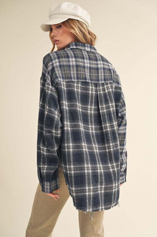 Aemi + Co Frayed Hem Plaid Button Up Flannel Shirt - Leo’s Look Your Best