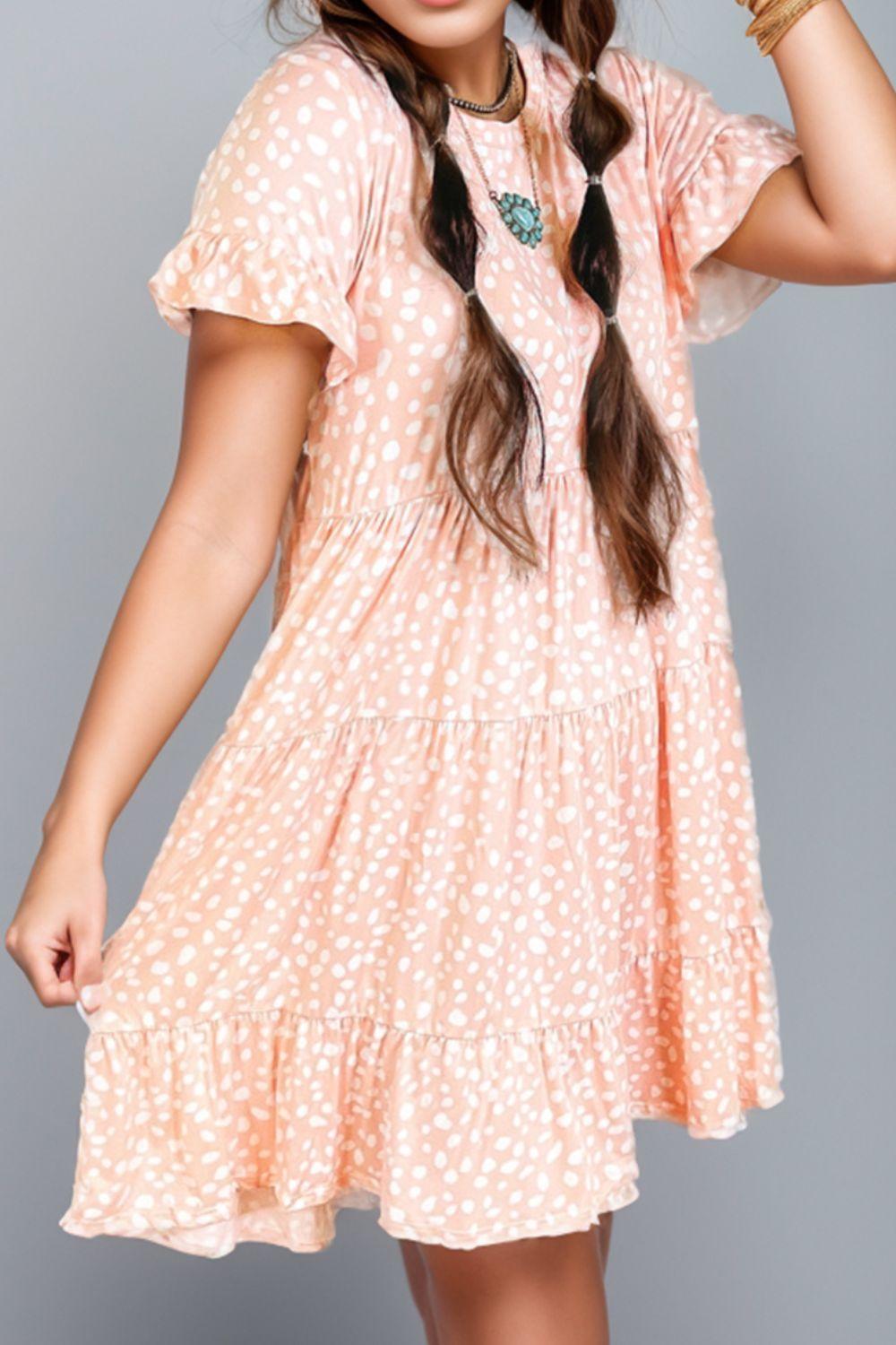 Plus Size Printed Round Neck Flounce Sleeve Mini Dress - Leo’s Look Your Best