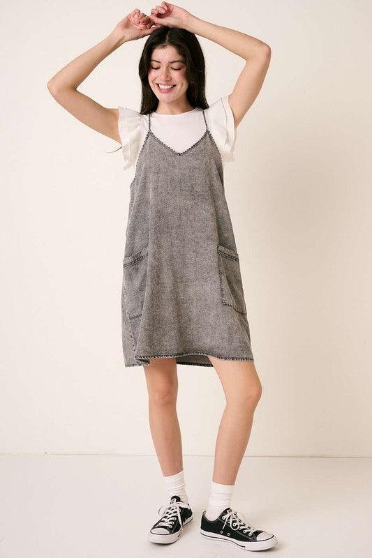 Mittoshop Washed Patch Pocket Mini Cami Denim Dress - Leo’s Look Your Best