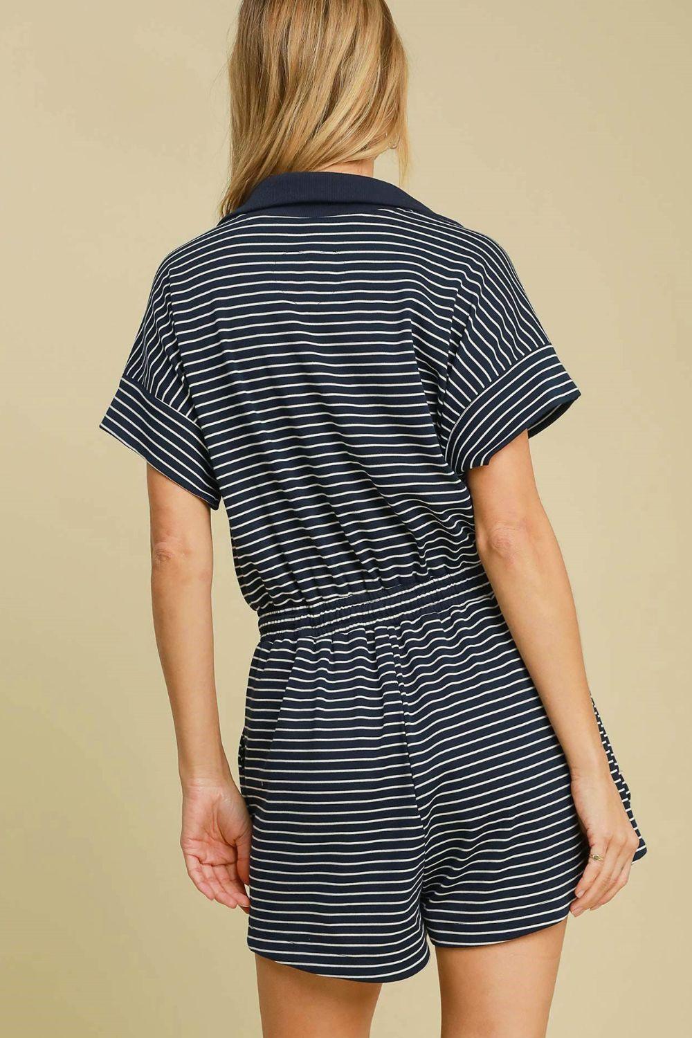 Umgee Full Size Half Zip Striped Romper Plus Size - Leo’s Look Your Best