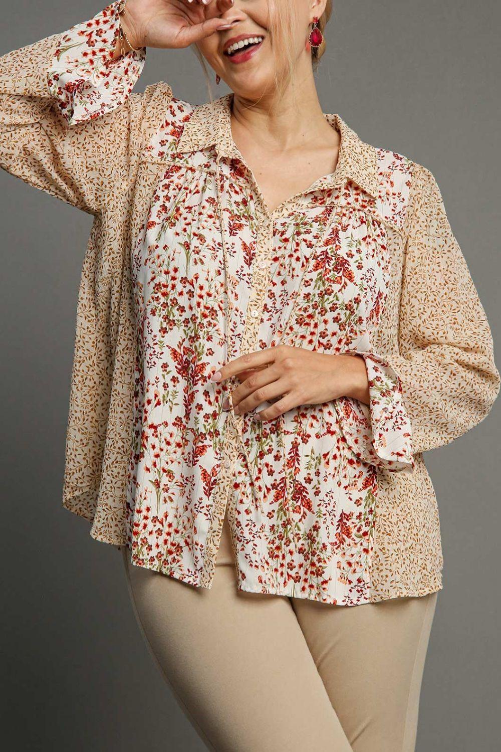 Umgee Full Size Mixed Print Metallic Detail Long Ruffle Sleeve Button Down Shirt Plus Size - Leo’s Look Your Best