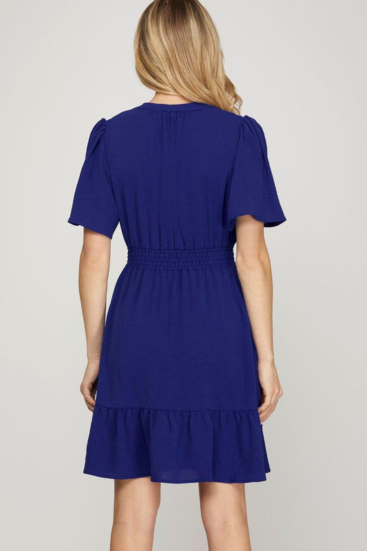 She + Sky Ruffled Hem Notched Flutter Sleeve Mini Dress - Leo’s Look Your Best