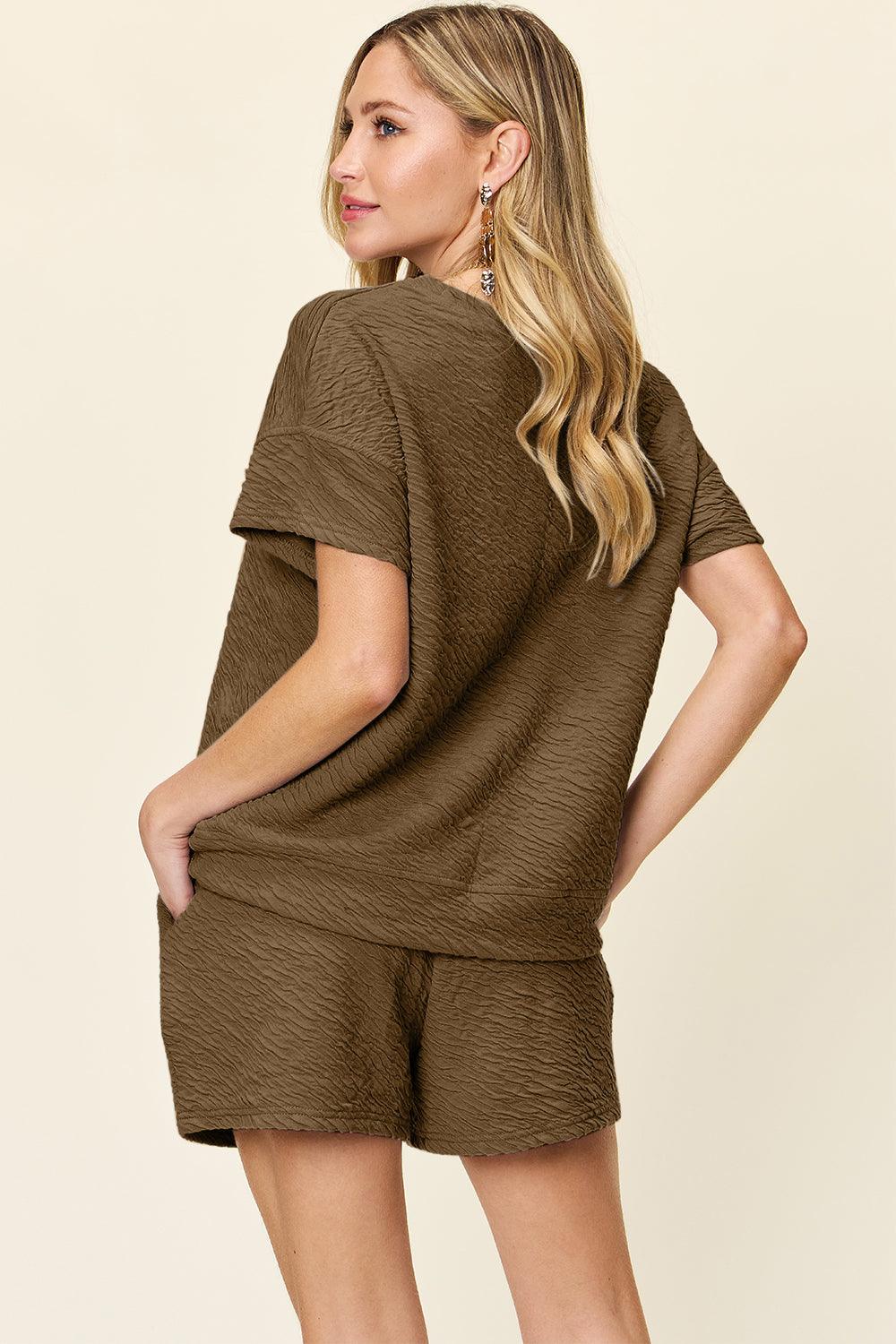 Double Take Full Size Texture Short Sleeve T-Shirt and Drawstring Shorts Set - Leo’s Look Your Best