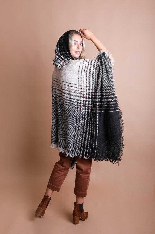 Herringbone Tweed Hooded Frayed Edge Poncho - Leo’s Look Your Best