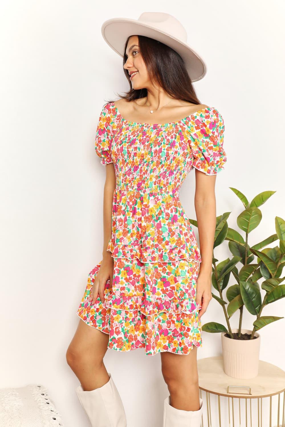 Devine Smocked Sweetheart Neck Flounce Sleeve Mini Dress - Leo’s Look Your Best