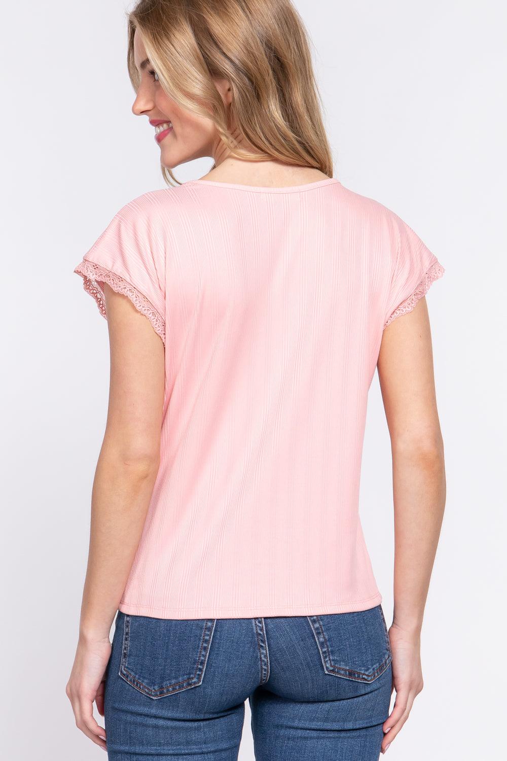 ACTIVE BASIC Lace Trim V-Neck Short Sleeve Ribbed Top - Leo’s Look Your Best