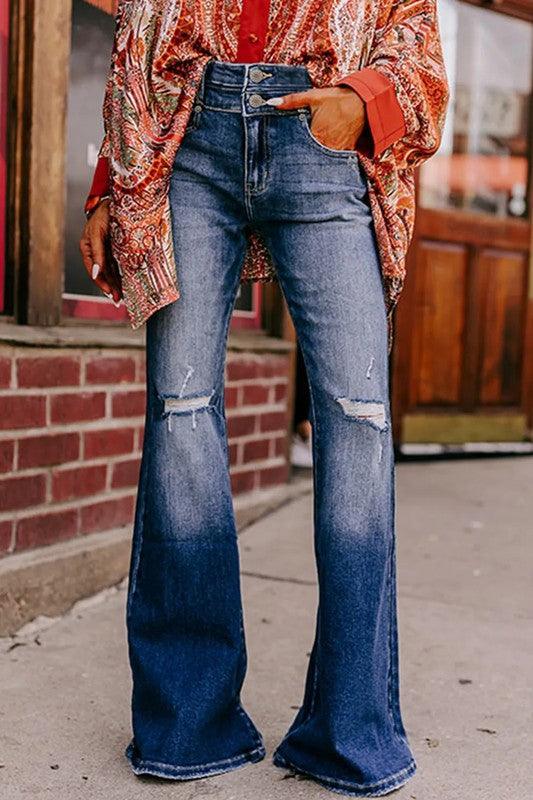 Sky Blue Button Fly Ripped High Waist Flare Jeans - Leo’s Look Your Best