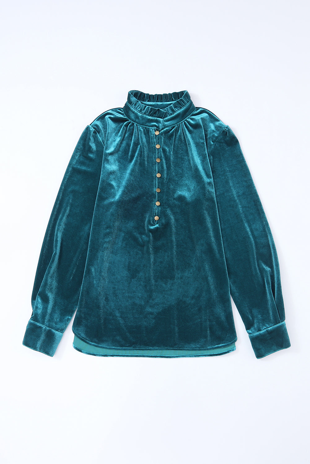 Teal velvet long-sleeve top on a white background
