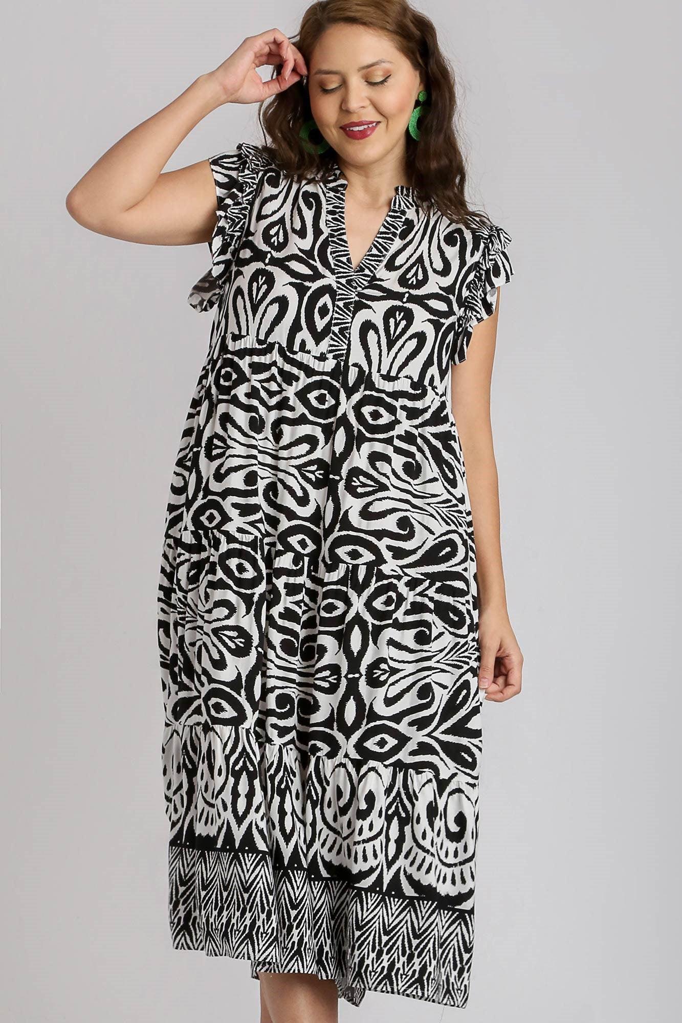 Umgee Full Size Two Tone Border Print Ruffle Cap Sleeve Midi Dress Plus Size - Leo’s Look Your Best